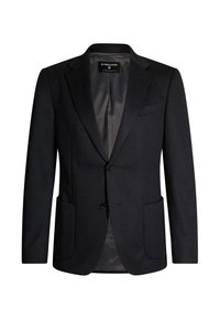 Blazer grigio scuro realizzato in tessuto liscio, con chiusura a due bottoni, revers a taglio e due tasche frontali, foderato con una semplice interior grigia.
