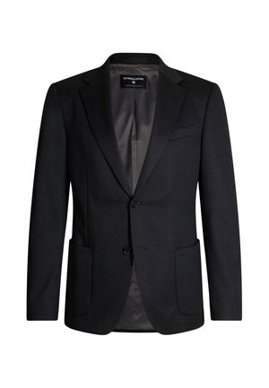 Dunkelgrauer Blazer aus glattem Stoff, mit einer Zwei-Button-Front, Reverskragen und zwei Fronttaschen, mit einem schlichten grauen Innenfutter.