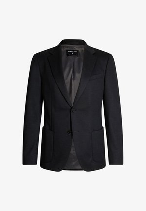 Donkergrijze blazer van gladde stof, met een twee-knoopsluiting, notch revers en twee voorzakken, voorzien van een effen grijze binnenvoering.