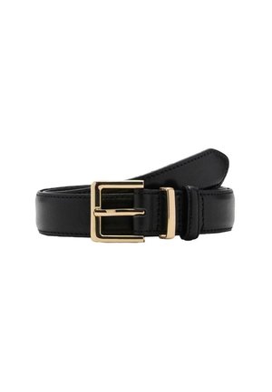 Ceinture en cuir noir avec boucle rectangulaire dorée et passant, roulée sur fond blanc.