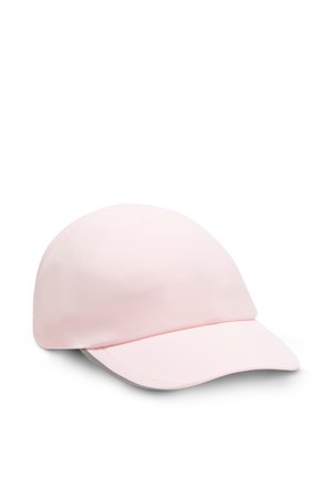 Vaaleanpunainen baseball-lippis kaarevalla lipalla, valkoisella taustalla.