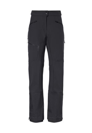 Schwarze Outdoor-Hose aus strapazierfähigem Stoff, mit mehreren Reißverschlusstaschen, tailliertem Schnitt und verstellbaren Bündchen am Saum.