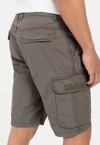 Grå cargo shorts med syede detaljer, flere lommer og broderet tekst, der står "MADE FOR DAILY ADVENTURES." Tekstureret stof.