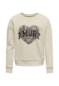 Sweatshirt beige à col rond, arborant un graphisme de cœur à imprimé léopard et le texte "AMORE" en lettres noires en gras. Poignets et ourlet côtelés.