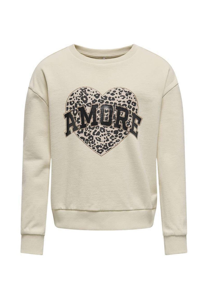 Sweatshirt beige à col rond, arborant un graphisme de cœur à imprimé léopard et le texte "AMORE" en lettres noires en gras. Poignets et ourlet côtelés.