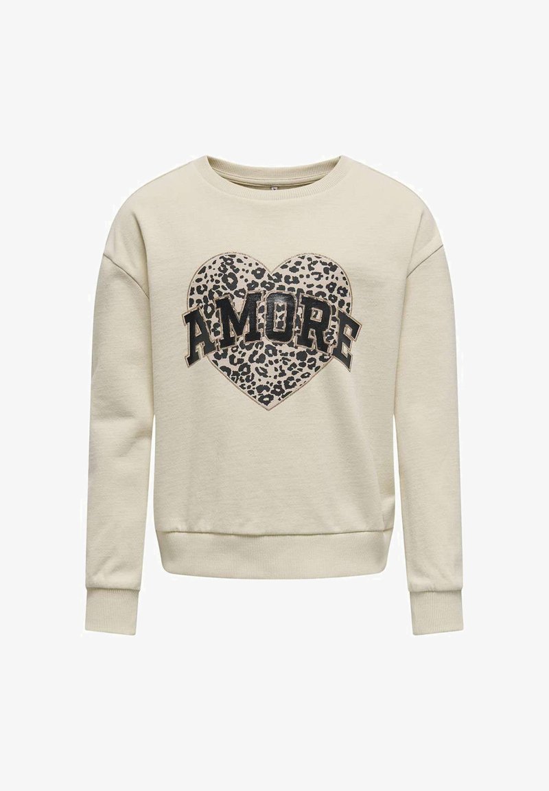 Sweatshirt beige à col rond, arborant un graphisme de cœur à imprimé léopard et le texte "AMORE" en lettres noires en gras. Poignets et ourlet côtelés.