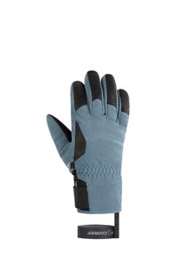 Ski-Handschuh aus blauem Stoff mit gerippter Textur, schwarzen Lederakzenten an den Fingerspitzen, verstellbarem Handgelenkriemen und Logo am Bündchen.