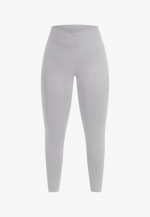 Graue Leggings mit einem hohen, überkreuzten Bund. Hergestellt aus dehnbarem, glattem Stoff, mit figurbetontem Schnitt und in voller Länge.