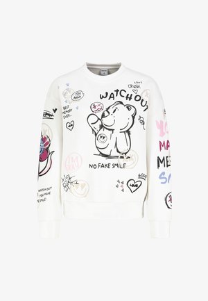 Weißer Sweatshirt mit verspielten Grafiken, darunter eine Bärenillustration und verschiedene Texte wie "VORSICHT" und "KEIN FALSCHE LACHE." Mit Akzenten in Pink und Blau.