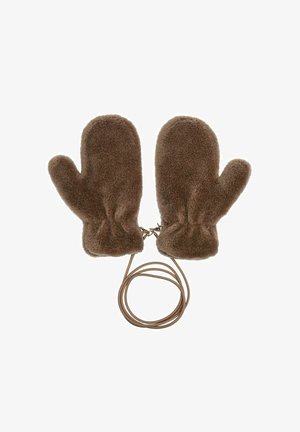 Brązowe rękawice polarowe o miękkiej fakturze, z elastycznymi mankietami i łączącym sznurkiem. Mają zaokrąglony kształt i prosty, funkcjonalny design.