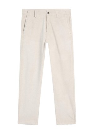 Pantalon en velours côtelé beige clair avec une coupe droite, comportant deux poches avant, une fermeture à bouton et une texture côtelée verticale discrète.