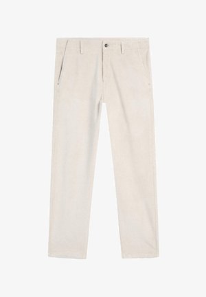 Jasnobeżowe spodnie z korduru o prostym kroju, z dwoma przednimi kieszeniami, zapięciem na guzik i subtelną pionową teksturą prążkowaną.