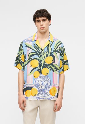 Mladý muž v krátkym rukáve s farebnou potlačou vázy plnej zelených listov a žltých citrónov, kombinované s svetlými béžovými nohavicami.