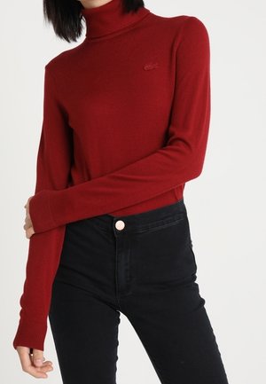 Personne portant un pull à col roulé rouge ajusté et un pantalon noir taille haute, debout les bras croisés.