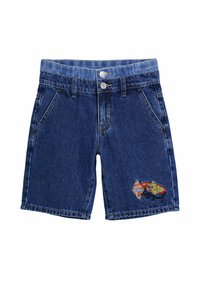 Pantalones cortos de mezclilla en azul oscuro con un corte clásico. Presenta dos bolsillos delanteros, dos traseros y coloridos diseños bordados en la pierna.
