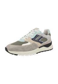 Sneakers con una toma in mesh e camoscio di colore grigio chiaro, beige e teal, dotati di lacci bianchi e una suola nera textured.