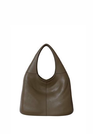 Brown leather shoulder bag with a wide, rounded handle and soft, slightly slouched body against a white background.