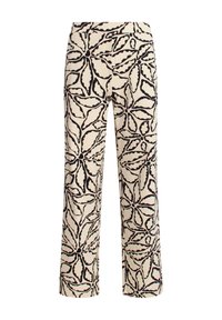Wijdvallende broek van beige stof met een zwart bloemmotief. Het ontwerp bevat ingewikkelde bladeren en omlijningen.