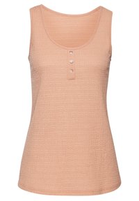 Perzikkleurige tanktop met een ronde hals, textuurstof en drie knoopaccenten aan de voorkant. Mouwloos, aansluitend ontwerp.