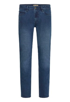 Mørkeblå denimjeans med rett ben-design, med fem lommer og knappefeste i livet. Teksturlignende stoff.
