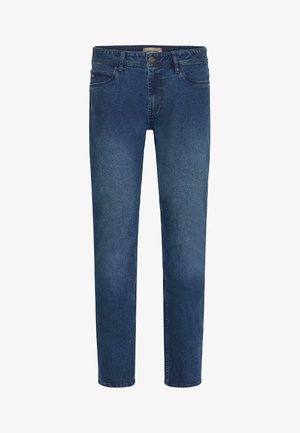 Dark blue denim jeans with a straight-leg design, featuring five-pocket styling and a button closure at the waist. Textured fabric.