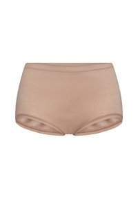 Beige højtaljede briefs lavet af glat stof med en sømløs finish. Har en bred livlinje og afrundede benåbninger.