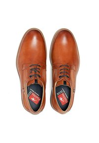 Zapatos de cuero marrón con un acabado liso, punta redonda, diseño de cordones y lados con patrón. Presenta un logo en la plantilla.