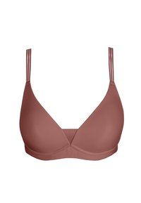 Wireless triangular bra in muted rose color, featuring smooth fabric, thin adjustable straps, and seamless design for a clean silhouette.
