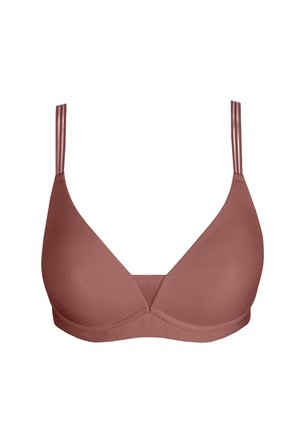 Wireless triangular bra in muted rose color, featuring smooth fabric, thin adjustable straps, and seamless design for a clean silhouette.