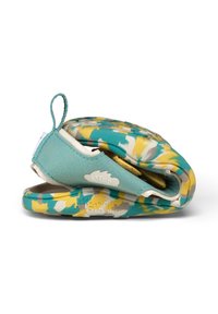 Foldable children's shoes featuring a turquoise and yellow abstract pattern, soft suede material, and a textured rubber sole.