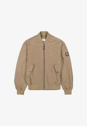 Veste bomber kaki avec fermeture éclair à l'avant, poignets et ourlet côtelés, dotée de deux poches latérales et d'un petit patch logo sur la manche. Texture soyeuse.