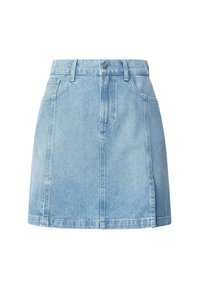 Light blue denim skirt with a fitted waist, front pockets, and subtle stitching details. The design features a straight cut and a slightly flared hem.
