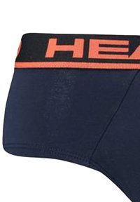 Herren Slips in Marineblau mit einem elastischen Bund und schwarzer sowie oranger "HEAD"-Markierung. Glatte Textur und enganliegendes Design.