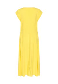 Yellow, short-sleeved dress with a loose fit and a knee-length hem. Soft, smooth fabric with a simple, unadorned design.