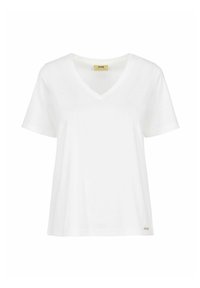 Biała koszulka z dekoltem w serek, wykonana z bawełny, z krótkimi rękawami, o luźnym kroju z małą metką logo po dolnej stronie.
