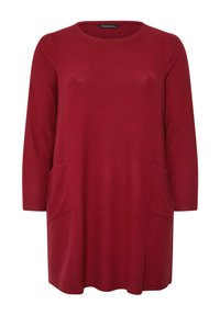 Bordeaux lange mouwen tuniek met een ronde halslijn en twee voorzakken, gemaakt van zachte brei-stof.