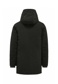 Parka nera isolata con cappuccio, caratterizzata da una linea dritta, maniche lunghe e polsini a costine. Design del tessuto testurizzato.