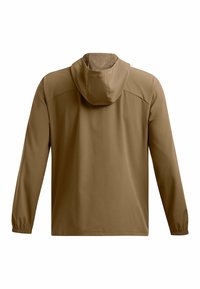 Brun hættejakke med lange ærmer, elastiske manchetter og en glat tekstur, der viser et enkelt design uden yderligere mønstre.