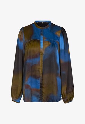 Blouse à manches longues pour femmes avec motif abstrait bleu, marron et noir, encolure ronde et fermeture boutonnée sur le devant.