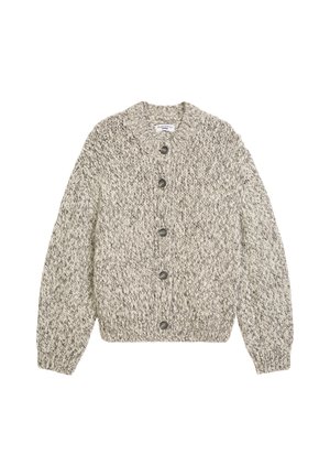 Cardigan lavorato a maglia in tonalità beige e grigie. Presenta un collo rotondo, maniche lunghe e sei bottoni scuri sul davanti. Motivo a maglia testurizzato.