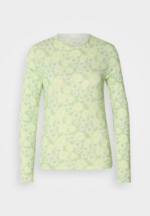 Camicia a maniche lunghe verde chiaro con motivo floreale bianco, scollatura rotonda e texture di tessuto morbido. Progettata per una vestibilità confortevole.
