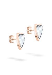 Ohrringe in Herzform aus Roségold mit einem klaren Steinzentrale, polierter Oberfläche und Steckerverschluss für sicheren Halt.