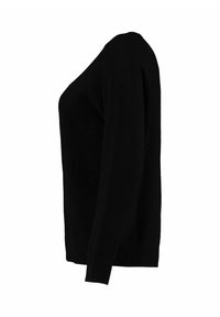 Schwarzer Pullover aus weichem Stoff, mit weitem Ausschnitt, langen Ärmeln und geripptem Saum. Glatte Textur, schlichtes Design.