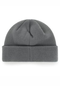 Grå strikket hue med foldet manchet, der har en glat tekstur og sømløs design. Blødt stof, der er velegnet til varme og komfort.