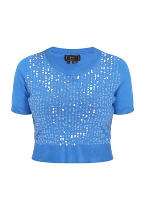 Maglione blu a maniche corte con scollatura rotonda, caratterizzato da una griglia di paillettes riflettenti sulla parte anteriore e bordo e maniche a costine.