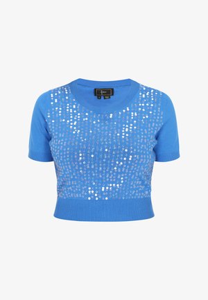Maglione blu a maniche corte con scollatura rotonda, caratterizzato da una griglia di paillettes riflettenti sulla parte anteriore e bordo e maniche a costine.