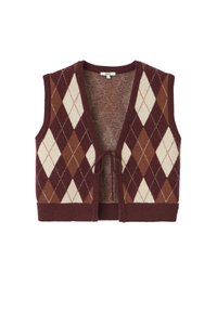 Gilet sans manches en tricot avec un motif argyle en bordeaux, crème et marron, doté d'une fermeture à nouer à l'avant et de bords côtelés.