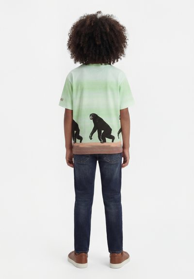 Barn med krøllete hår som har på seg en grønn gradient T-skjorte med tre svarte sjimpanser som går, kombinert med mørke jeans og brune sko.