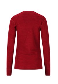 Rode langemouwen shirt van zacht materiaal. Heeft een ronde halslijn en een rechte snit. De achterkant toont een gladde textuur en geen patronen.