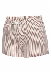 Lichtroze shorts gemaakt van zachte stof, met verticale strepen in donkerroze en bruin, een elastische tailleband en een trekkoord aan de voorkant.
